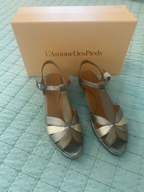 L’Amour Des Pieds Leather Metallic Multi-Color Sandal. New. Sells for $245.